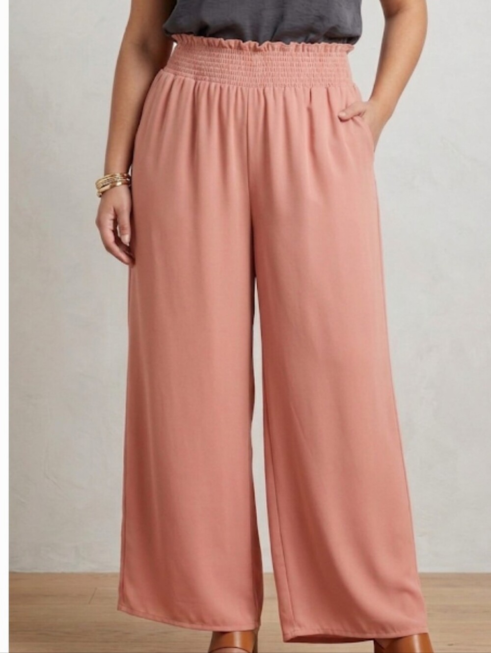 Smocked Waist Wide-Leg Palazzo Pants with Pockets Pink Women's size XL EUC